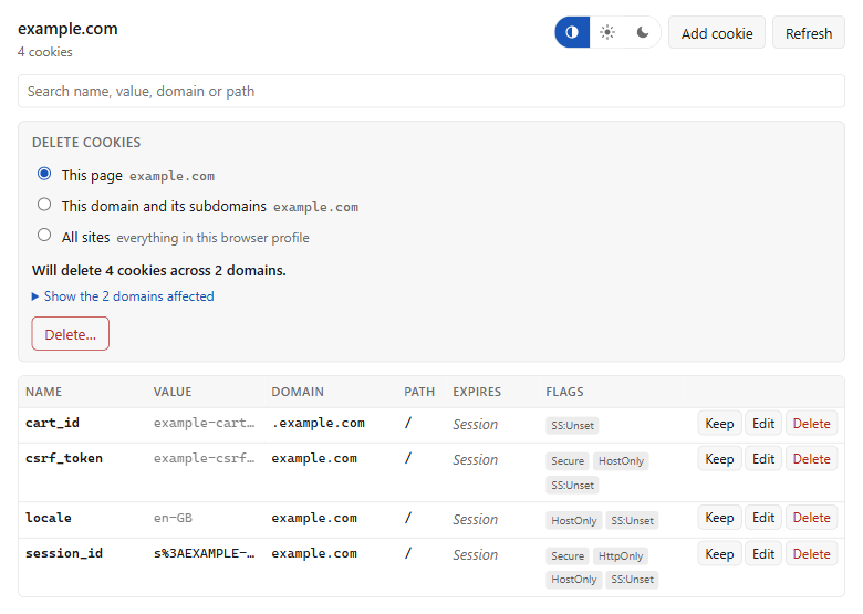 The cookieZ popup on example.com, listing four cookies with their domain, path, expiry and flags, and the delete panel above them.