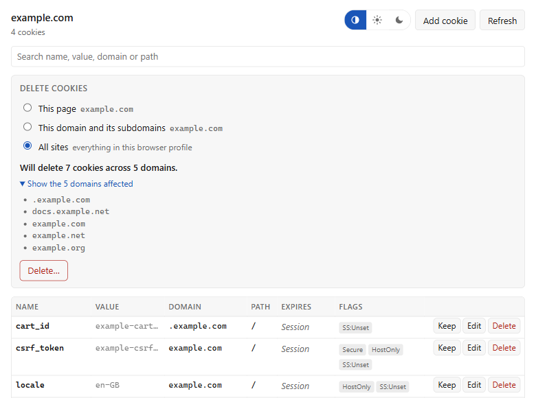 The delete panel with All sites selected: 7 cookies across 5 domains, with the five domains listed underneath.