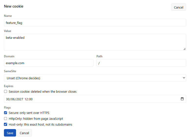 The editor creating a new cookie, with every field shown: name, value, domain, path, SameSite, expiry and flags.