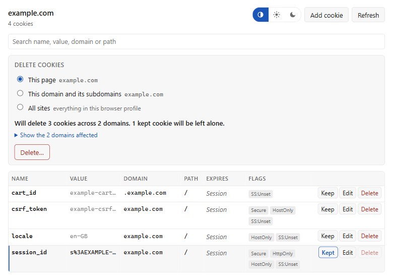 A cookie marked as Kept. Its delete button is disabled and the summary says one kept cookie will be left alone.